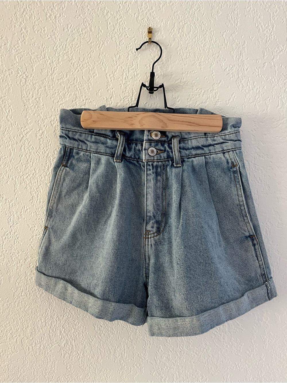 High-Waist Paper Bag Light Blue Denim Shorts